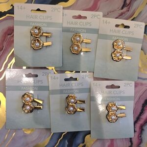 Gold Pearl Flower Hair Clips (2pc) - Pack of 6 Cards